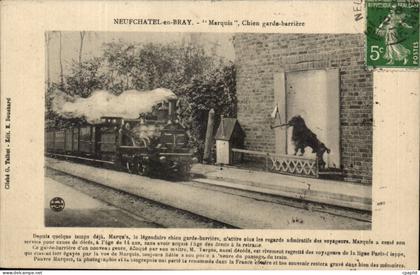 Neufchatel-en-Bray- Marquis Chien garde-barriere-train- trompette-CPA