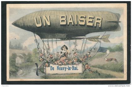 NEUVY LE ROI - Jolie carte fantaisie enfant dans dirigeable " Un baiser de NEUVY LE ROI "