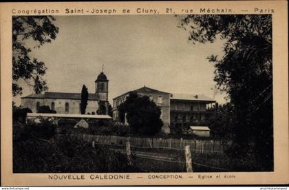 CPA La Conception Neukaledonien, Eglise et ecole, Congregation Saint Joseph de Cluny
