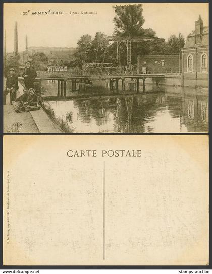 France Old Postcard Armentieres National Bridge River Armentières Men & Children