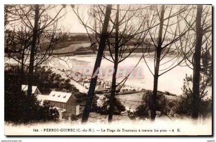 CPA Perros Guirec La Plage de Trestraou a travers les pins