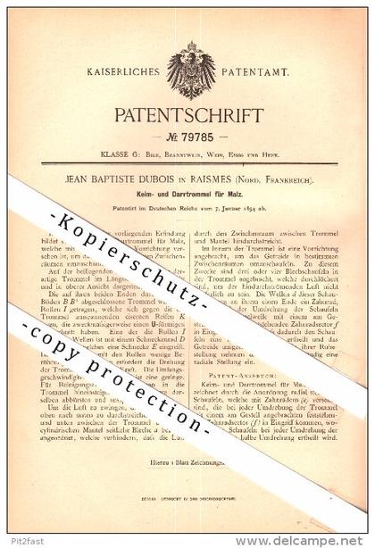 Original Patent - Jean Baptiste Dubois in Raismes , Nord , 1894 , Darrtrommel für Malz , Brauerei , Alkohol , Bier !!!