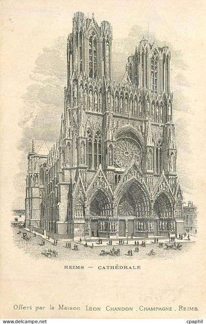 CPA Reims cathedrale Dessin au dos Vue des Etablissements Leon Chandon Reims