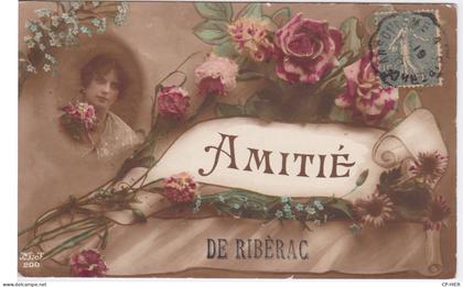 24 - DORDOGNE - RIBERAC - CARTE FANTAISIE - AMITIE DE RIBERAC - FEMME EN MEDAILLON 1917