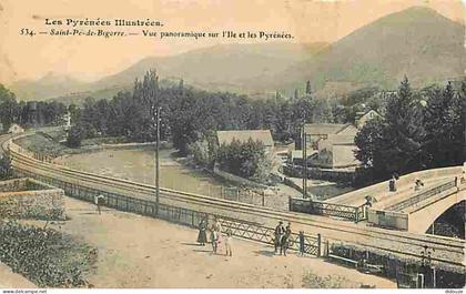 Carte Postale Ancienne - 65 - Saint Pé de Bigorre - Vue panoramique sur l'Ile et les Pyrénées - Animée - Ombrelles - CPA