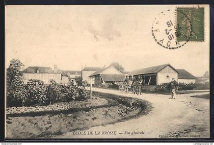 CPA Venoy, École de la Brosse, Vue générale avec route et chevaux