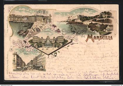 Lithographie Marseille, Route de la Corniche, Cannebière, Longchamp