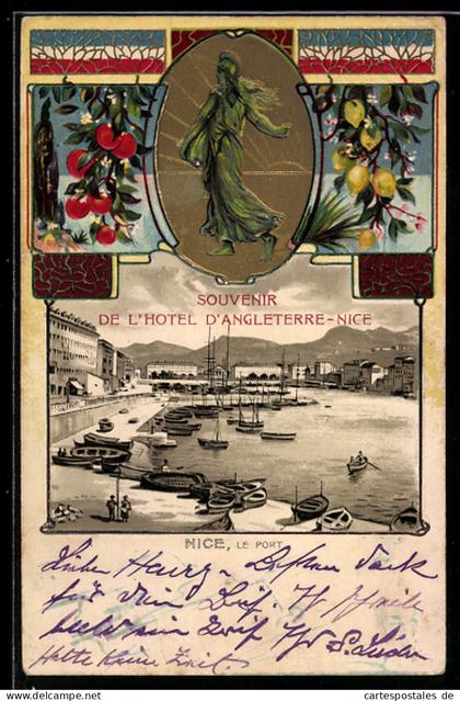 CPA gaufrée Nice, Le Port, Souvenir de l`Hotel d`Angleterre