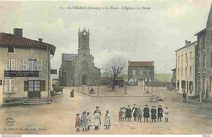 Carte Postale Ancienne - 69 - Saint Vérand - La Place - L'Eglise - La Poste - Animée - Colorisée - CPA - Voir Scans Rect