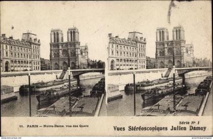 Stereo CPA Paris, Notre Dame von den Kais aus gesehen, Boote