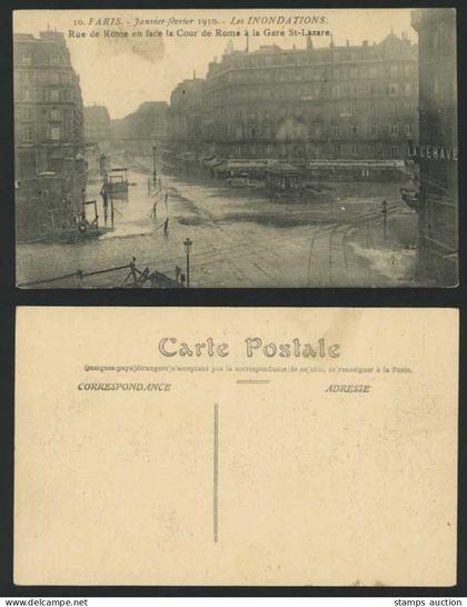 PARIS FLOOD 1910 Old Postcard Rue de Rome Cour de Rome La Gare St-Lazare Station