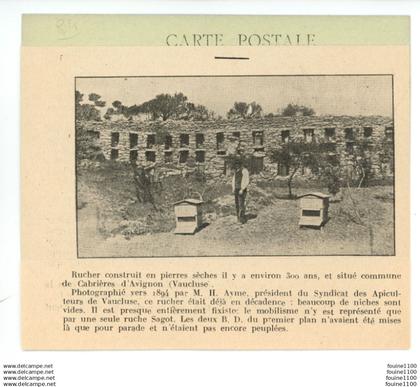 carte postale avec collage du rucher construit en pierres sèches il y a env. 300 ans à CABRIERES D'AVIGNON ( apiculture