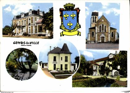 CPSM Combs la Ville (S et M) La mairie l'eglise bords de l'Yerres le poste le moulin du Breuil