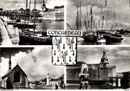 CPM Concarneau La ville close Les bateaux La chapelle de la Croix Costume de Concarneau Folklore
