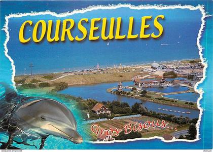 Carte Postale - 14 - Courseulles sur Mer - Vue générale aérienne du front de mer - Dauphins - Flamme Postale de Courseul