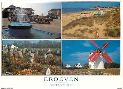 Carte Postale - 56 - Erdeven - La Place et la Plage de Kerhilio, les alignements de menhirs de Kerzhéro et le moulin du