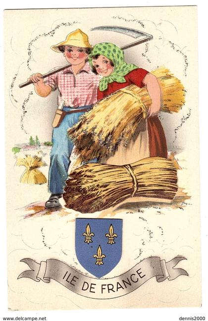 ILE DE FRANCE - CARTE FANTAISE - COUPLE - BLASON - motifs en relief