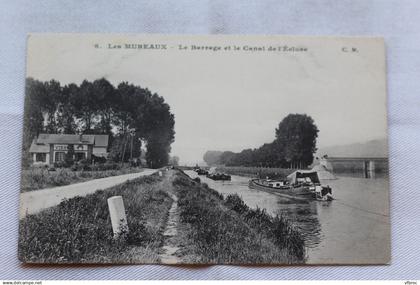 Les Mureaux, le barrage et le canal de l'Ecluse, péniches et bateliers, Yvelines 78