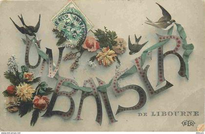33 - Libourne - Baisers de Libourne - Hirondelles - Fleurs - CPA - Oblitération de 1907 - Etat pli - Voir Scans Recto-Ve
