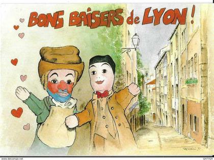 CP "bons baisers de lyon" -gnafron et guignol dans le vieux lyon