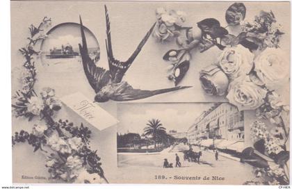 06 - NICE - SOUVENIR DE NICE - ENCART HIRONDELLE  FLEURS ROSES