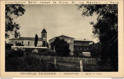 CPA La Conception Neukaledonien, Eglise et ecole, Congregation Saint Joseph de Cluny