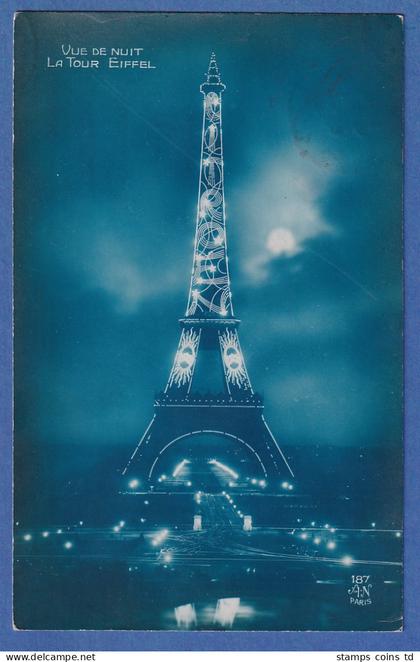 AK Frankreich Paris Eiffelturm beleuchtet bei Nacht gelaufen 1928