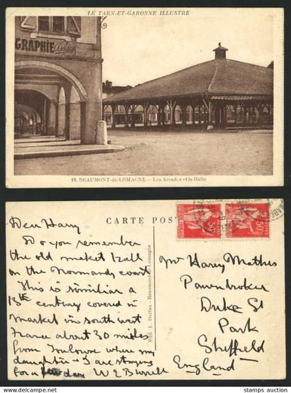 Beaumont-de-Lomagne 1937 Old Postcard Arcades, La Halle