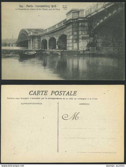 PARIS FLOOD 1910 Old Postcard Quai de Passy West Railway Bridge, Passy Quay Boat
