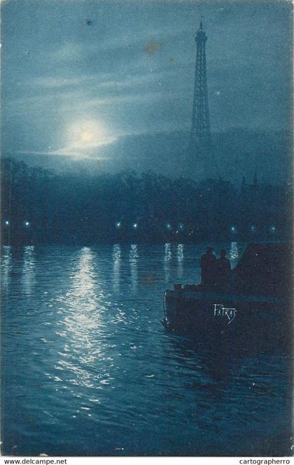 Paris by night cpa Eiffel Tower in distance