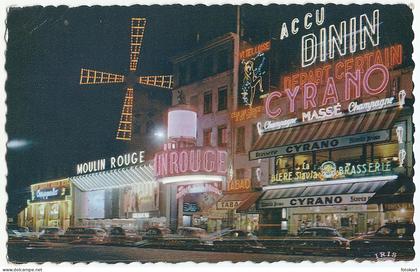 Paris France, Moulin Rouge Old Postcard, Place Blanche by Night, 1953