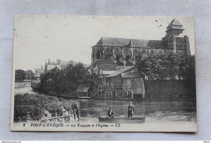 Cpa 1934, Pont l'Evêque, la Touques et l'église, Calvados 14