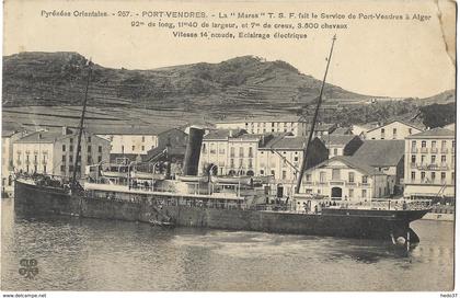 Port-Vendres - La "Marsa" T.S.F fait le Service de Port-Vendres à Alger 92m de long, 11m40 de largeur, et 7m de creux..