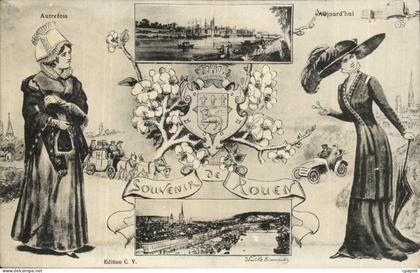 Rouen- Souvenir de Rouen- Autrefois-Aujourd'hui-Automobile-Cheval -CPA