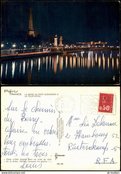 Paris Die Seine am Pont Alexandre III mit Eiffelturm bei Nacht 1972