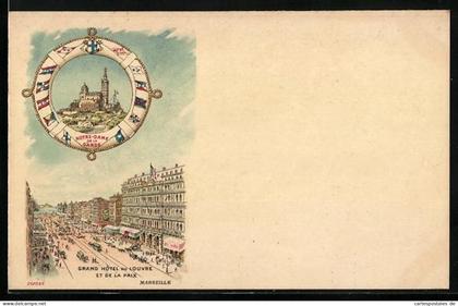 Lithographie Marseille, Grand Hotel du Louvre et de la Paix, Notre-Dame de la Garde