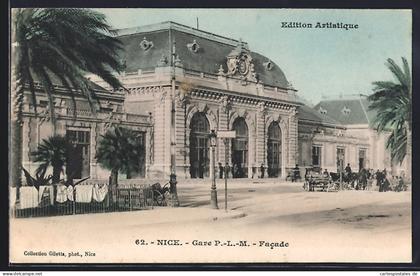 CPA Nice, Gare PLM, Facade, La Gare, attelage à cheval