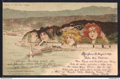 Lithographie Nice, Le Port et le château, Berg avec Gesicht / Berggesichter, Killinger Nr. 133
