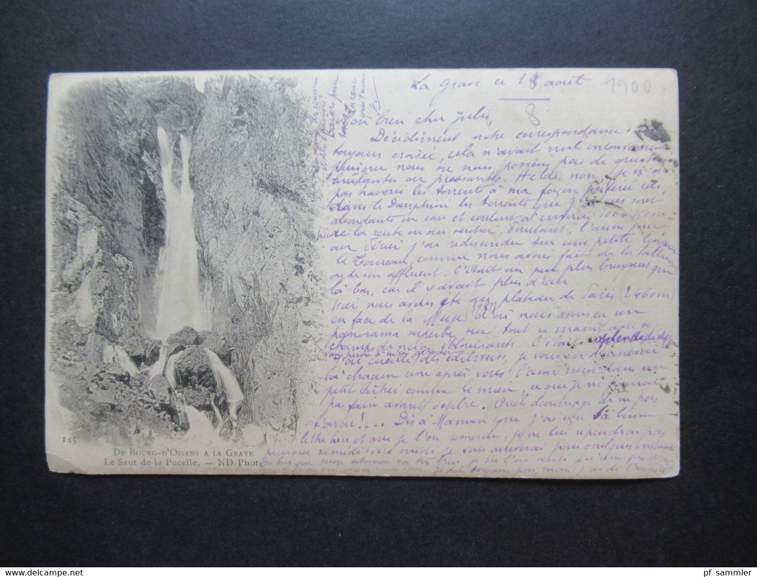Frankreich seltene AK 1900 Wasserfall De Bourg D'Oisans a La Grave Le Saut de la Oucelle frankiert mit Sage