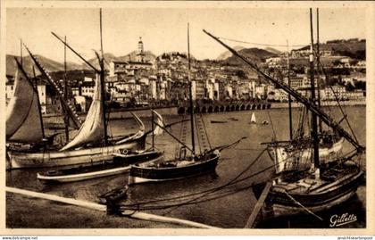 CPA Menton Alpes Maritimes, Hafenansicht, Boote, Stadtansicht, Gillette