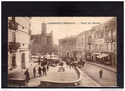 34 CLERMONT HERAULT Place du Marché, Commerces, Café, Paris Clermont, ed Vidalenc, 192?