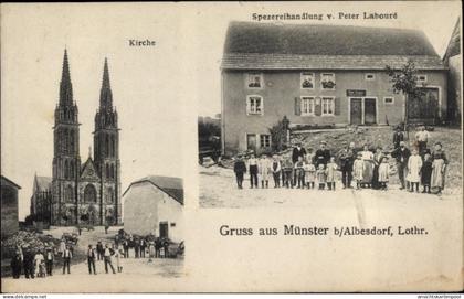 CPA Münster bei Albestroff Albesdorf Moselle, Spezereihandlung von Peter Labouré, Kirche