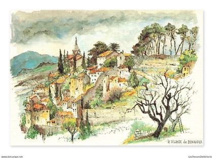 Le village de Bonnieux, aquarelle originale de Robert Lepine, France