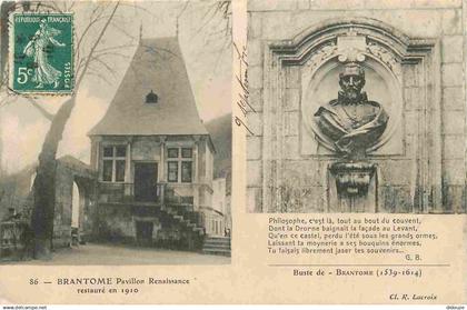 24 - Brantome - Pavillon Renaissance restauré en 1910 - Buste de Brantome - CPA - Oblitération de 1910 - Voir Scans Rect