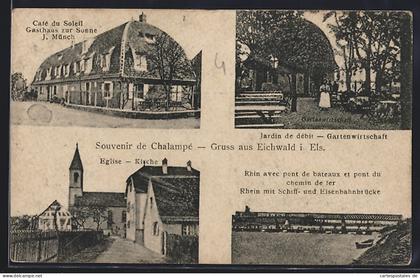 CPA Chalampé, Café du Soleil, Propr. J. Münch, Eglise