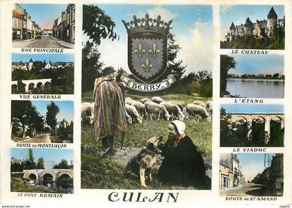 CPM Culan Rue Principale Le pont romain Le château Moutons Berger Chien