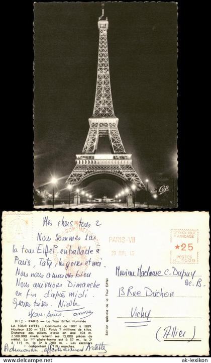 CPA Paris Eiffelturm/Tour Eiffel bei Nacht 1965  gel. Maschienenstempel u. Marke