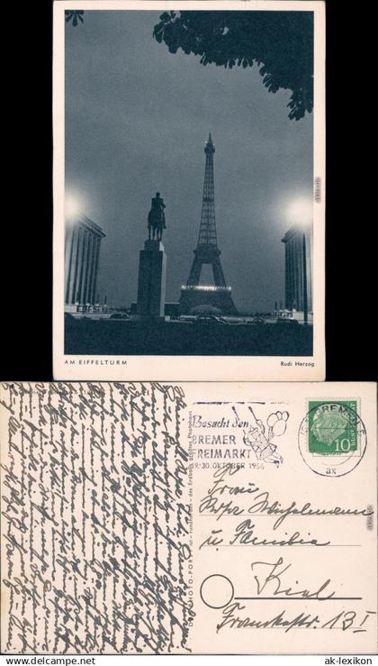 Paris Eiffelturm Ansichtskarte bei Nacht  1956