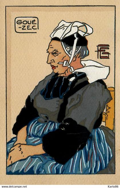 gouézec * vieille femme * coiffe costume * CPA illustrateur G. GEO FOURRIER * fourrier pochoir