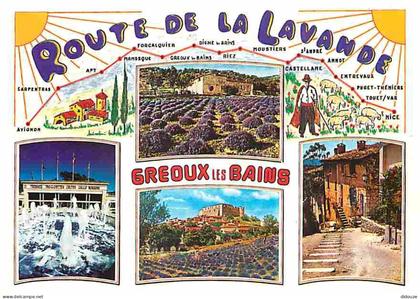 Carte Postale - 04 - Gréoux les Bains - Route de la Lavande - Multivues - Champs de lavande - Flamme Postale de Gréoux l